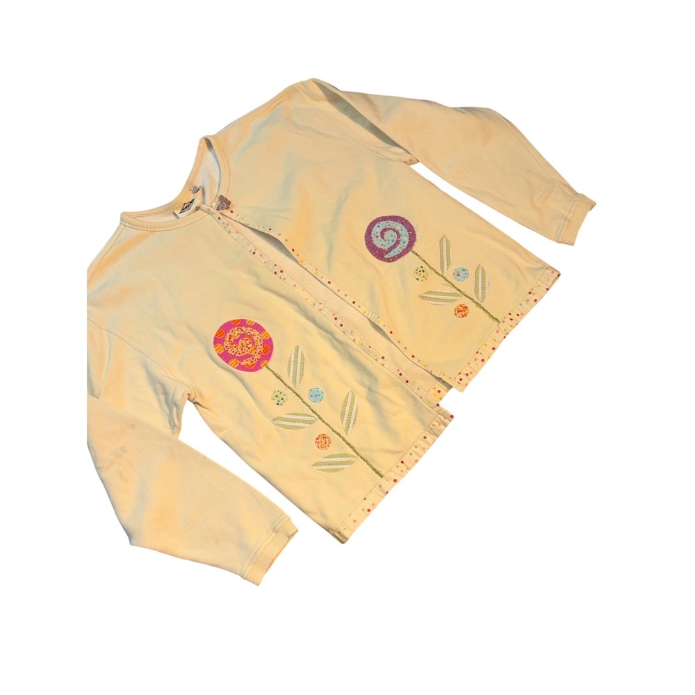 Yellow Floral Applique Sweatshirt Cardigan XL Butterfly Button Cottagecore